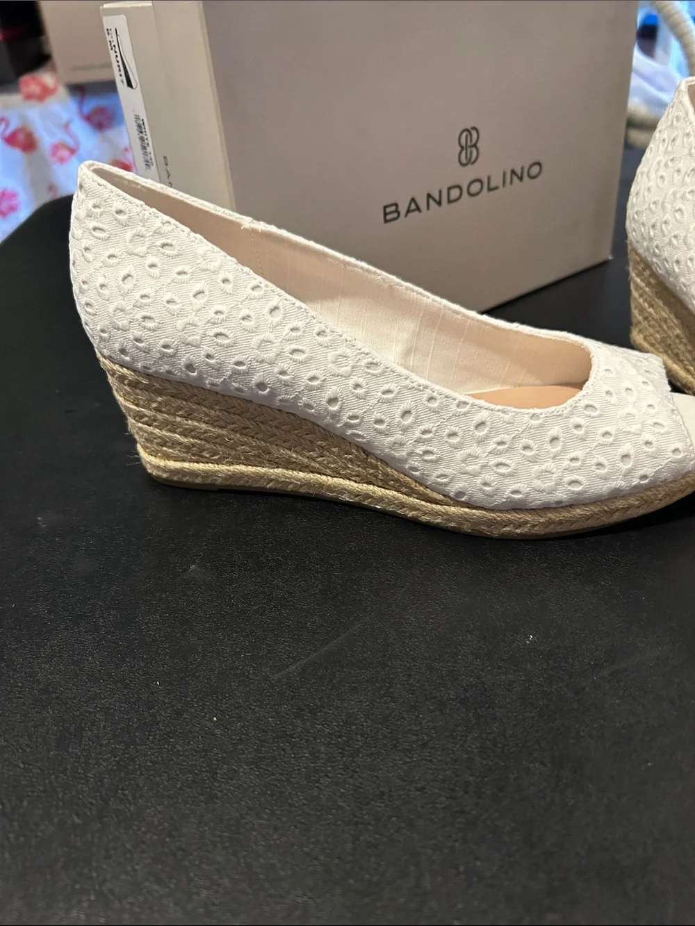 Bandolino White Eyelet Peep-Toe Espadrille Wedges